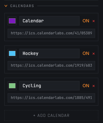 A calendar widget configuration panel showing multiple feeds with per-feed colors and toggles
